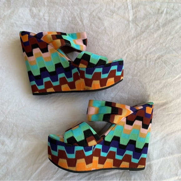 Missoni Rainbow Print Chevron Knit Strap Strappy Platform Chunky Wedges Heels - Picture 4 of 8